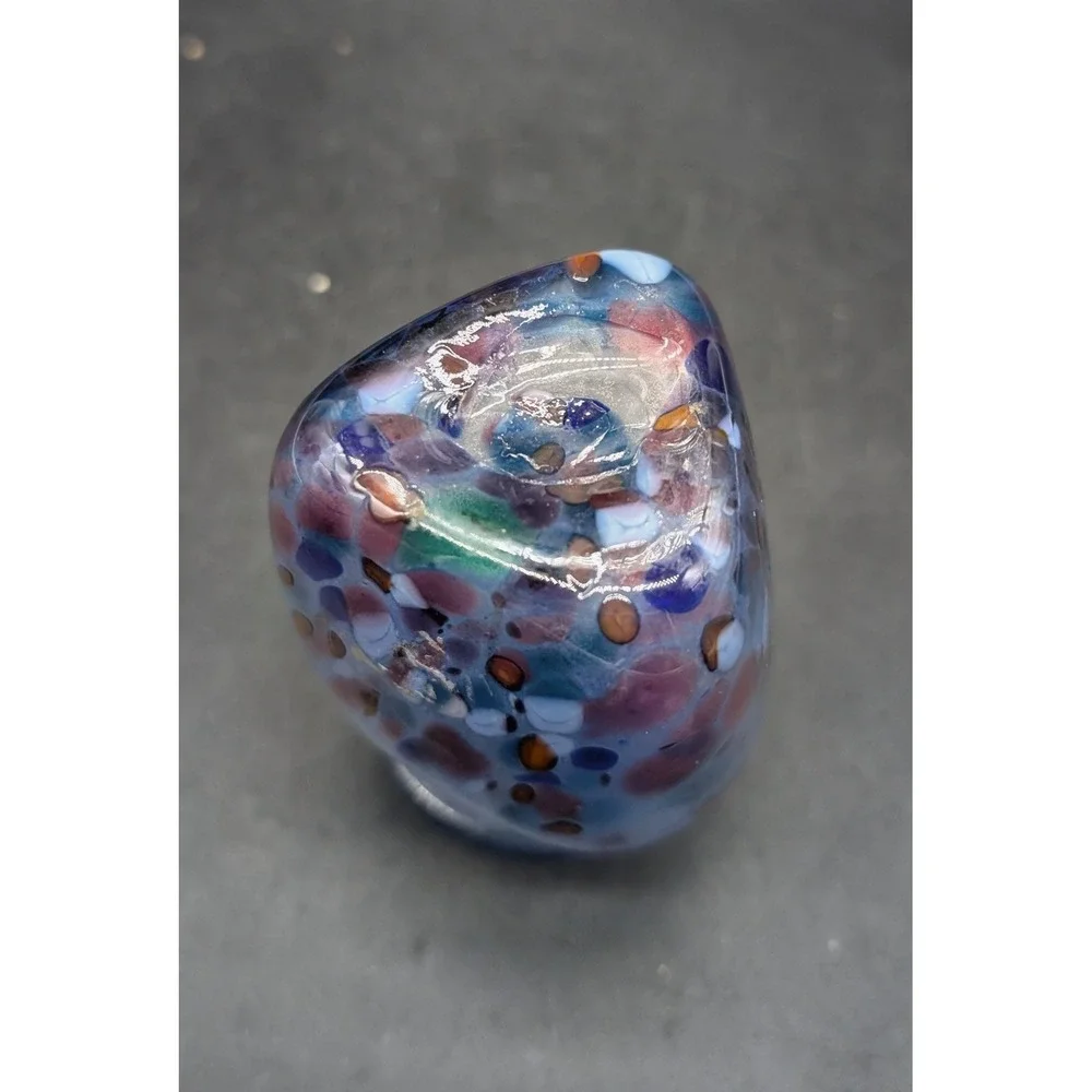 Hand Blown Blue Confetti Art Glass Bud Vase Squared Bulbous Studio Glass 3in